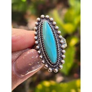 Vintage Navajo Fred Harvey Era 925 Sterling Silver Elongated Turquoise Ring, 7